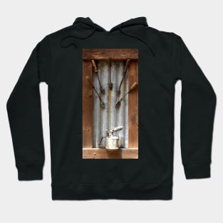 Corrugated Iron, Blow torch and Tools in wooden frame Hoodie